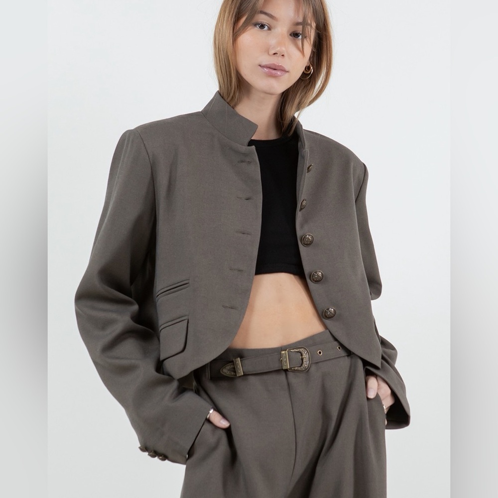 Cropped Taupe Mandarin Collar Jacket